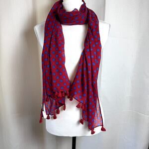 Talbots 100% Wool Red w/Blue Polka Dot Pompom Scarf 72x27” Cute Classic EUC